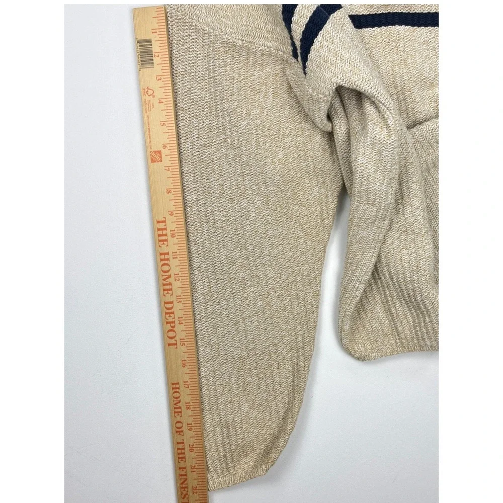 Peconic Bay Traders Mens Medium Beige Knit Blue Striped Crewneck Sweater USA Vtg